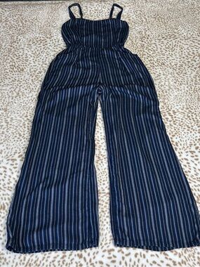 Hollister Navy and White Striped Wide-Leg Jumpsuit